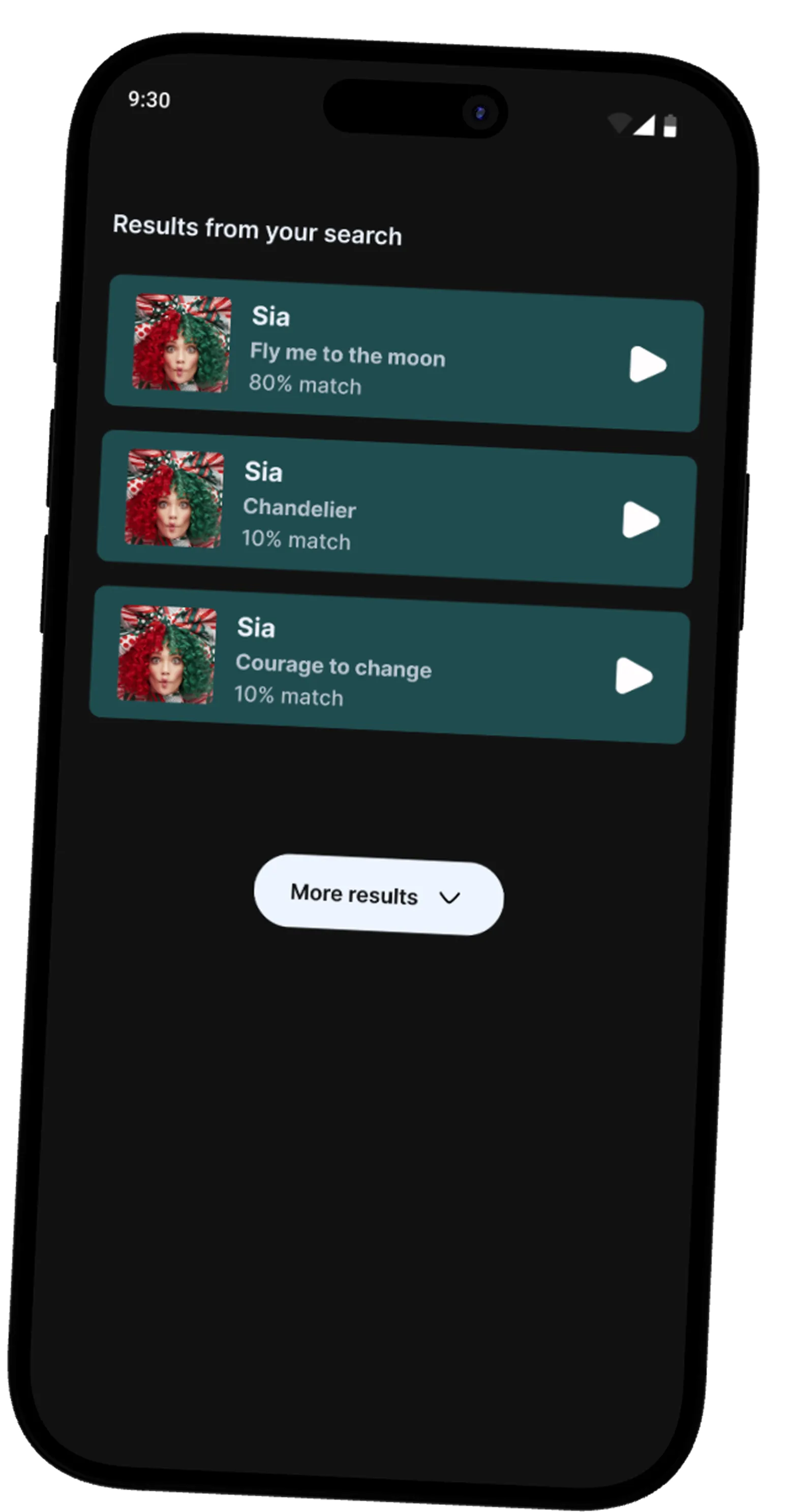 Spotify results screen showing three matched songs by Sia after a hum-to-search